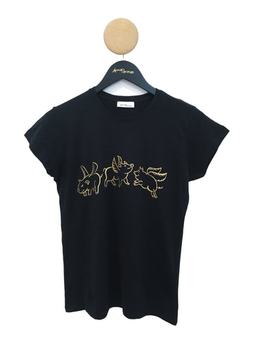 Flying Pigs T-shirt Black with Gold Glitter